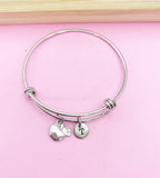 Apple Charm Bangle Bracelet, Personalized Initial, Teacher Gift