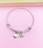 Apple Charm Bangle Bracelet, Personalized Initial, Teacher Gift