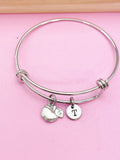 Apple Charm Bangle Bracelet, Personalized Initial, Teacher Gift