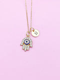 Gold Hamsa Evil Eye Blue Charm Necklace, N989