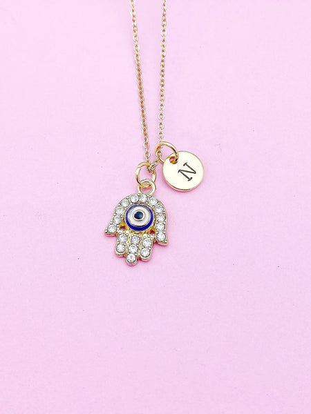 Gold Hamsa Evil Eye Blue Charm Necklace, N989