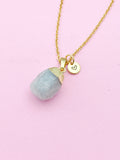Gold Aquamarine Teardrop Necklace, Personalized Initial Charm, N3452