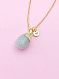 Gold Aquamarine Teardrop Necklace, Personalized Initial Charm, N3452