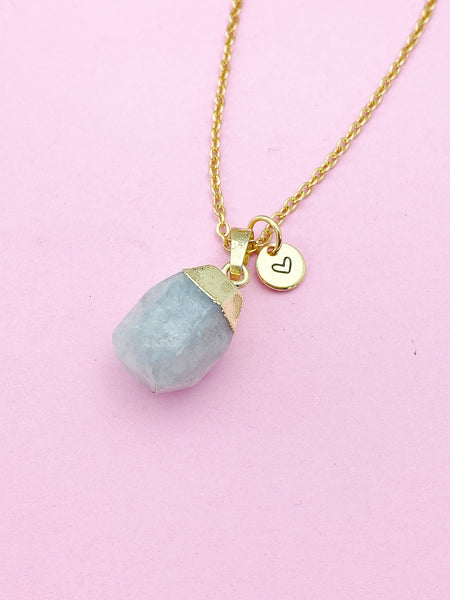 Gold Natural Aquamarine Charm Necklace March Birthday Gifts Ideas Personalized Customized Made to Order N3452