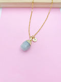Gold Aquamarine Teardrop Necklace, Personalized Initial Charm, N3452