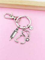 Silver Syringe Stethoscope Charm Keychain Medical School Phlebotomy Phlebotomist Gift Ideas Personalized Made to Order, N1593