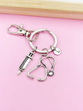 Syringe Stethoscope Charm Keychain, Personalized Initial, Medical Gift