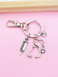 Syringe Stethoscope Charm Keychain, Personalized Initial, Medical Gift