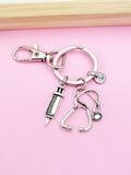 Syringe Stethoscope Charm Keychain, Personalized Initial, Medical Gift