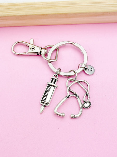 Silver Syringe Stethoscope Charm Keychain Medical School Phlebotomy Phlebotomist Gift Ideas Personalized Made to Order, N1593