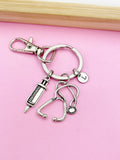 Syringe Stethoscope Charm Keychain, Personalized Initial, Medical Gift
