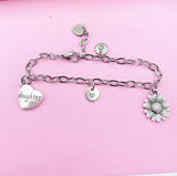 Sunflower Daughter Charm Bracelet, Personalized Initial Jewelry