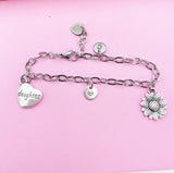 Sunflower Daughter Charm Bracelet, Personalized Initial Jewelry