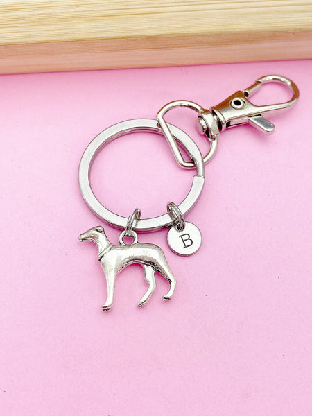 Silver Greyhound Charm Keychain, Greyhound Pet Gift Ideas Personalized Customized Made to Order, N1583
