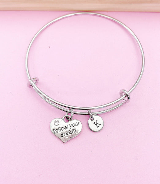 Silver Follow Your Dream Heart Charm Bracelet Graduation Gifts Ideas Personalized Customized Made to Order Jewelry, AN828