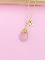 Gold Natural Rose Quartz Charm Necklace Gemstone October Birthday Gifts Ideas Personalized Customized Made to Order, N5513