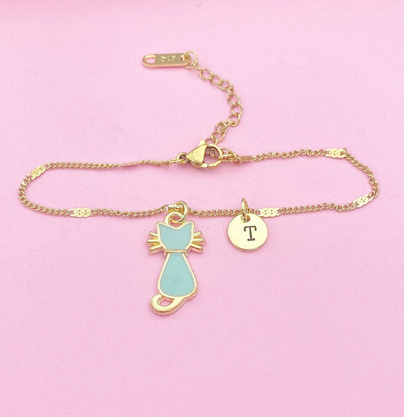 Gold Cute Blue Cat Kitten Charm Bracelet Cat Pet Lover Gifts Idea Personalized Customized Made to Order, N1103