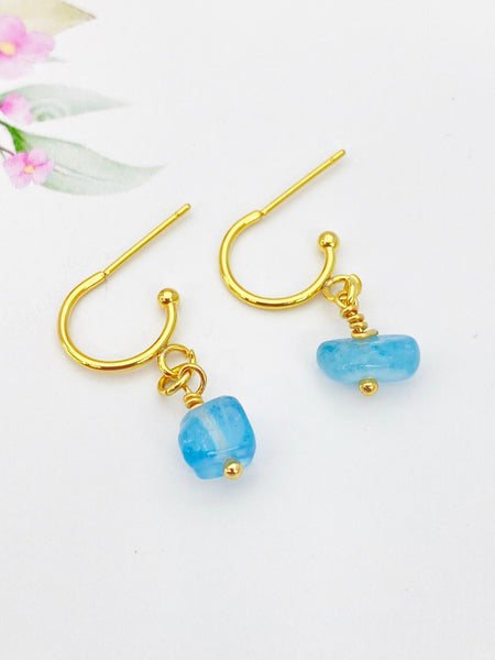 Gold Natural Aquamarine Gemstone Earrings Mrach Birthday Mother's Day Gifts Ideas Customized Made to Order, N5525