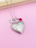 Silver Flower Heart Locket Necklace, Personalized Initial Charm