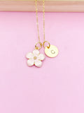 Gold Pink Magnolia Charm Necklace Personalized Customized Monogram Made to Order Jewelry, N1956A