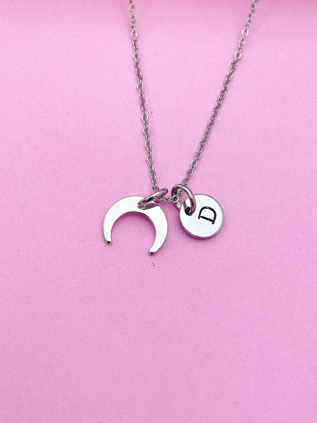 Silver Crescent Moon Charm Necklace Everyday Gift Ideas Personalized Customized Monogram Made to Order Jewelry, AN3859