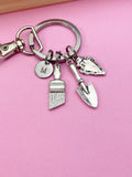 Archeology Keychain, Silver Brush, Shovel, Arrowhead Charms, Personalized Initial