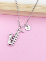 Silver Saxophone Charm Necklace Marching Band Gift Ideas Personalized Customized Monogram Made to Order Jewelry, N5471