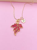 Gold Red Maple Leaf Charm Necklace Forest Nature Love Gift Ideas Personalized Customized Made to Order Jewelry, BN3169