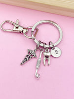 Dentist Keychain Silver Mouth Mirror Molar Tooth Caduceus Charms Orthodontics School Orthodontist Gifts Ideas AN2160