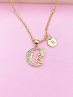 Gold Dreaming Fairy and Moon Charm Necklace Birthday Mother's Day Gifts Ideas Personalized Customized Made to Order, N3551