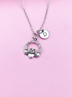 Silver Hand Heart Crown Claddagh Charm Necklace Personalized Customized Monogram Made to Order Jewelry, AN5436