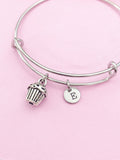 Cupcake Initial Charm Bangle Bracelet, Personalized Silver Jewelry