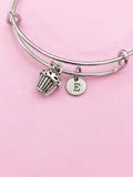 Cupcake Initial Charm Bangle Bracelet, Personalized Silver Jewelry