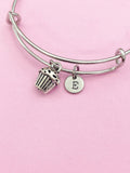 Cupcake Initial Charm Bangle Bracelet, Personalized Silver Jewelry