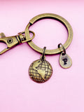 Bronze Globe Keychain, Initial Charm, Personalized Gift