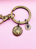 Bronze Globe Earth Charm Keychain Geography Cartography School Gifts Ideas Personalized Customized Made to Order, AN938