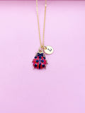 Gold Red Ladybug Charm Necklace Personalized Customized Monogram Made to Order Jewelry, N3242A