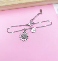 Silver Sunflower Charm Bracelet Wedding Bridesmaid Mother's Day Gifts Ideas Personalized Customized Made to Order, N2291