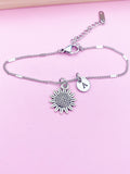 Silver Sunflower Charm Bracelet, Personalized Initial, Bridesmaid Gift
