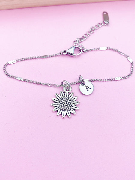 Silver Sunflower Charm Bracelet Wedding Bridesmaid Mother's Day Gifts Ideas Personalized Customized Made to Order, N2291