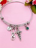Silver Caduceus Stethoscope Charm Bracelet Medical School Gifts Ideas Personalized Customized Made to Order Jewelry, N5473