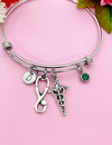 Silver Caduceus Stethoscope Charm Bracelet Medical School Gifts Ideas Personalized Customized Made to Order Jewelry, N5473