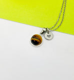 Silver Natural Tiger Eye Charm Necklace Gift Ideas Personalized Customized Monogram Made to Order Jewelry, AN3586