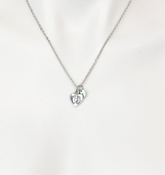 Silver Heart with Footprint Charm Necklace New Mom Gift Ideas Personalized Customized Monogram Made to Order Jewelry, N747