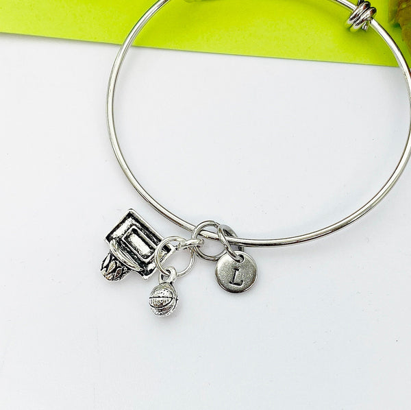 Silver Basketball Hoop Charm Bracelet Sport Team Gifts Ideas Personalized Customized Monogram Made to Order Jewelry, N5479