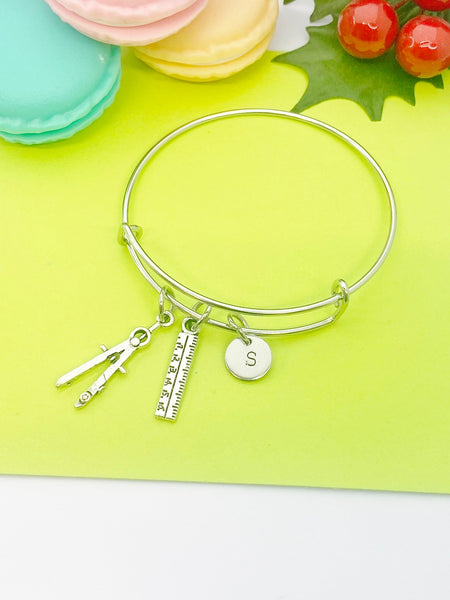 Silver Compass Pencil Ruler Charm Bracelet Architect Gift Idea Personalized Customized Monogram Made to Order Jewelry, N5480