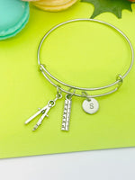 Silver Compass Pencil Ruler Charm Bracelet Architect Gift Idea Personalized Customized Monogram Made to Order Jewelry, N5480