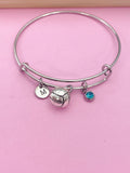 Silver Volleyball Charm Bangle Bracelet, Initial, Birthstone, Team Gift