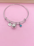 Silver Volleyball Charm Bangle Bracelet, Initial, Birthstone, Team Gift