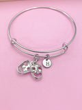 Silver Theater Masks Bangle Bracelet, Personalized Initial Charm